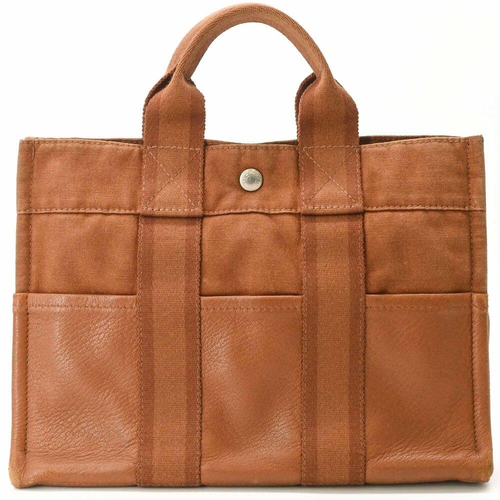 HERMES Fourre-Tout PM Handbag Tote, Half Leather Canvas Brown